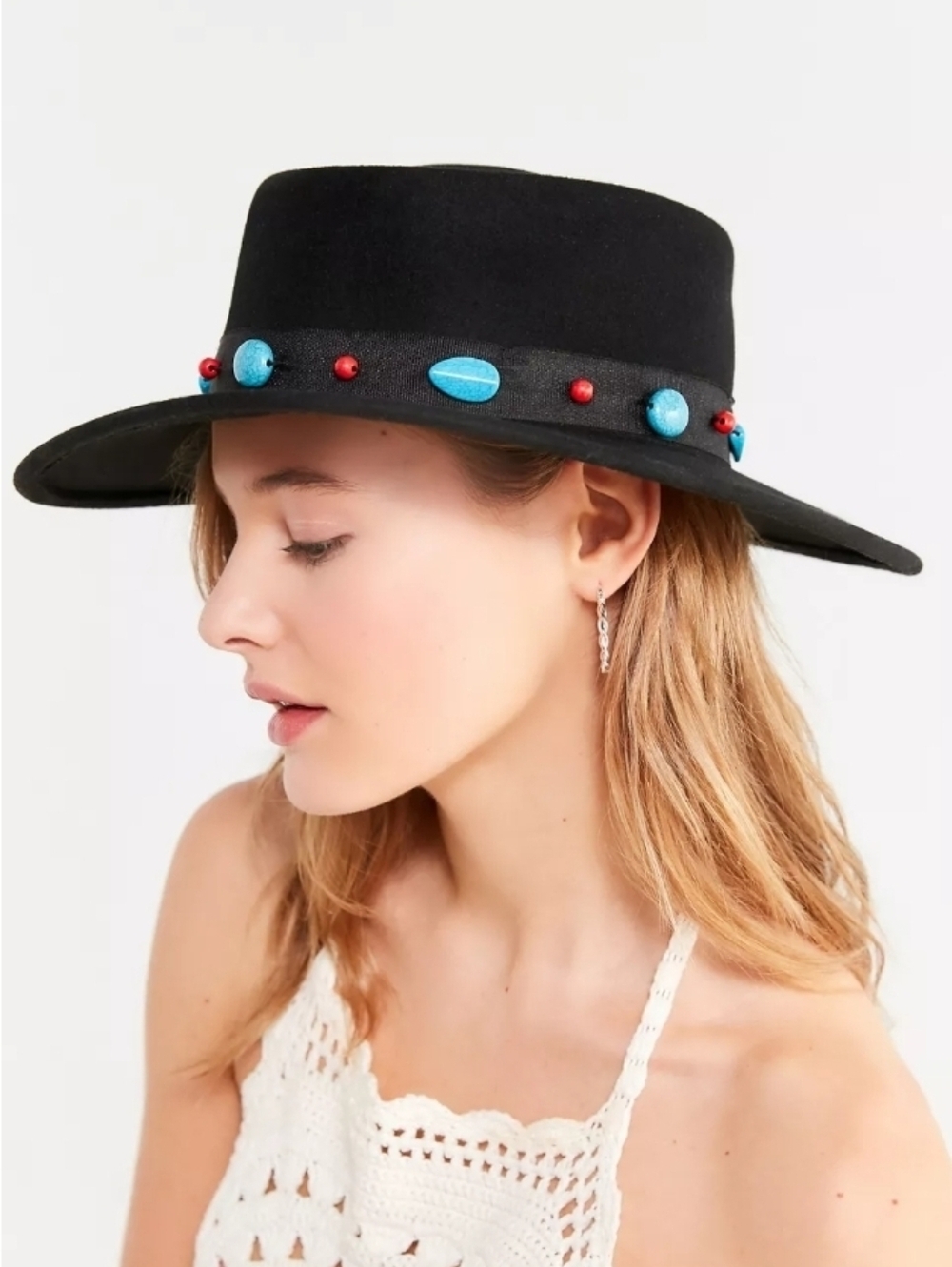 Urban Outfitters %100 Wool Telescope Turquoise Trim Felt Boater Hat